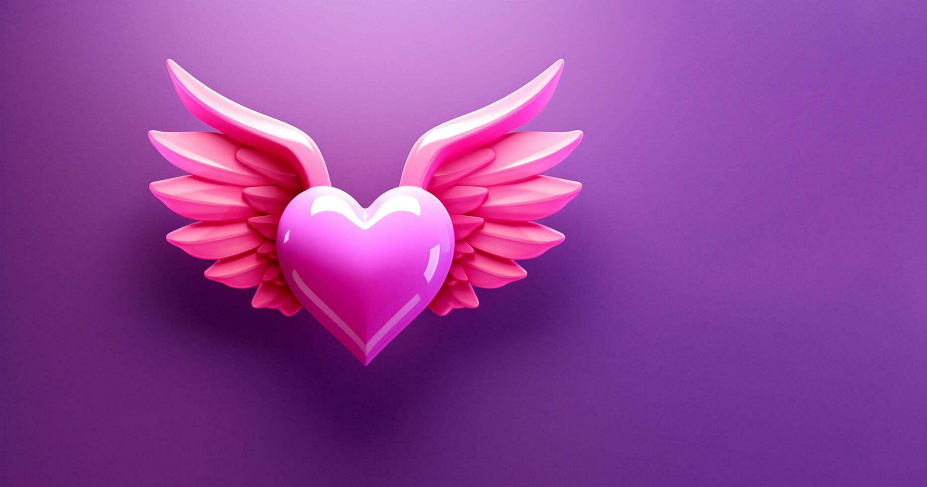 3d Rosa coração com asas em uma roxa fundo foto