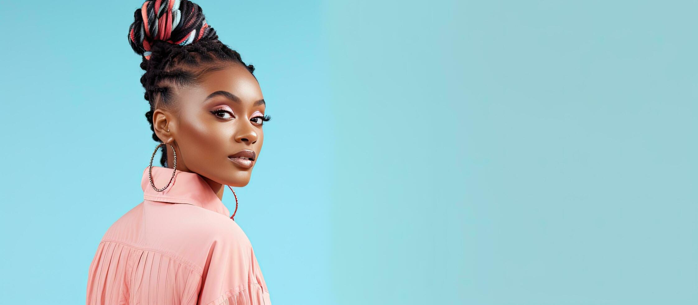 deslumbrante africano menina com tranças Penteado Largo perna jeans Rosa topo isolado em luz verde parede cópia de espaço confiante fêmea modelo foto