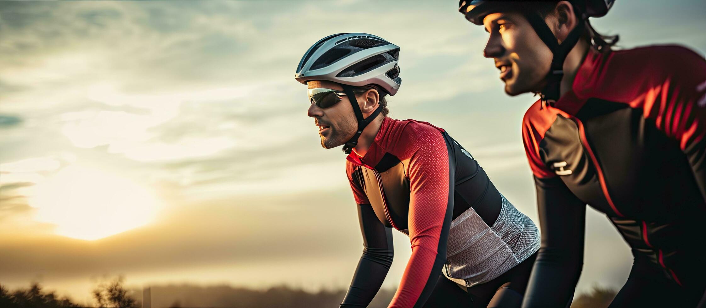 ciclistas em corrida bicicletas com capacetes levando uma pausa em a rodovia foto
