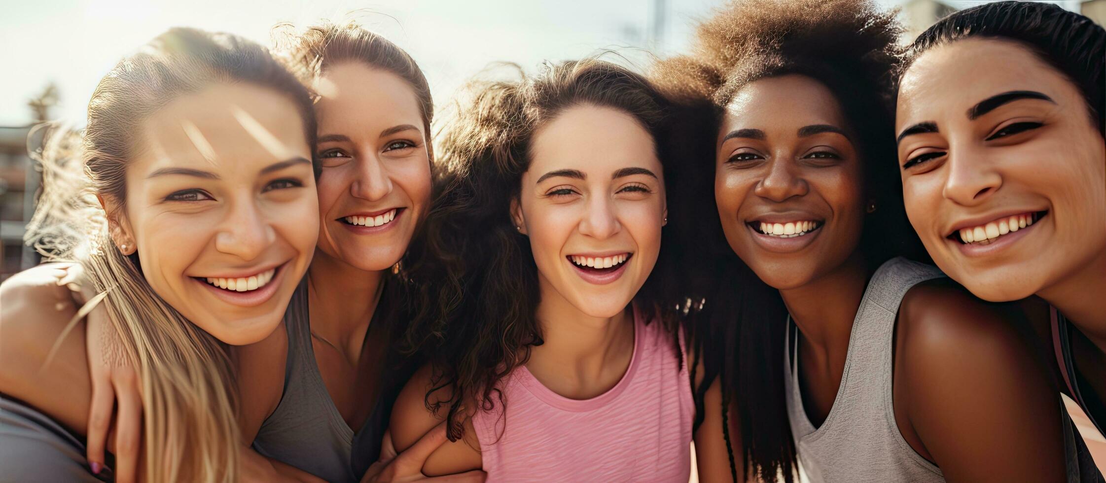 fêmea amigos diverso e alegre vestem Esportes vestuário unir às uma basquetebol quadra espaço para adicionar texto esporte atividade amizade e estilo de vida permanecer imutável foto