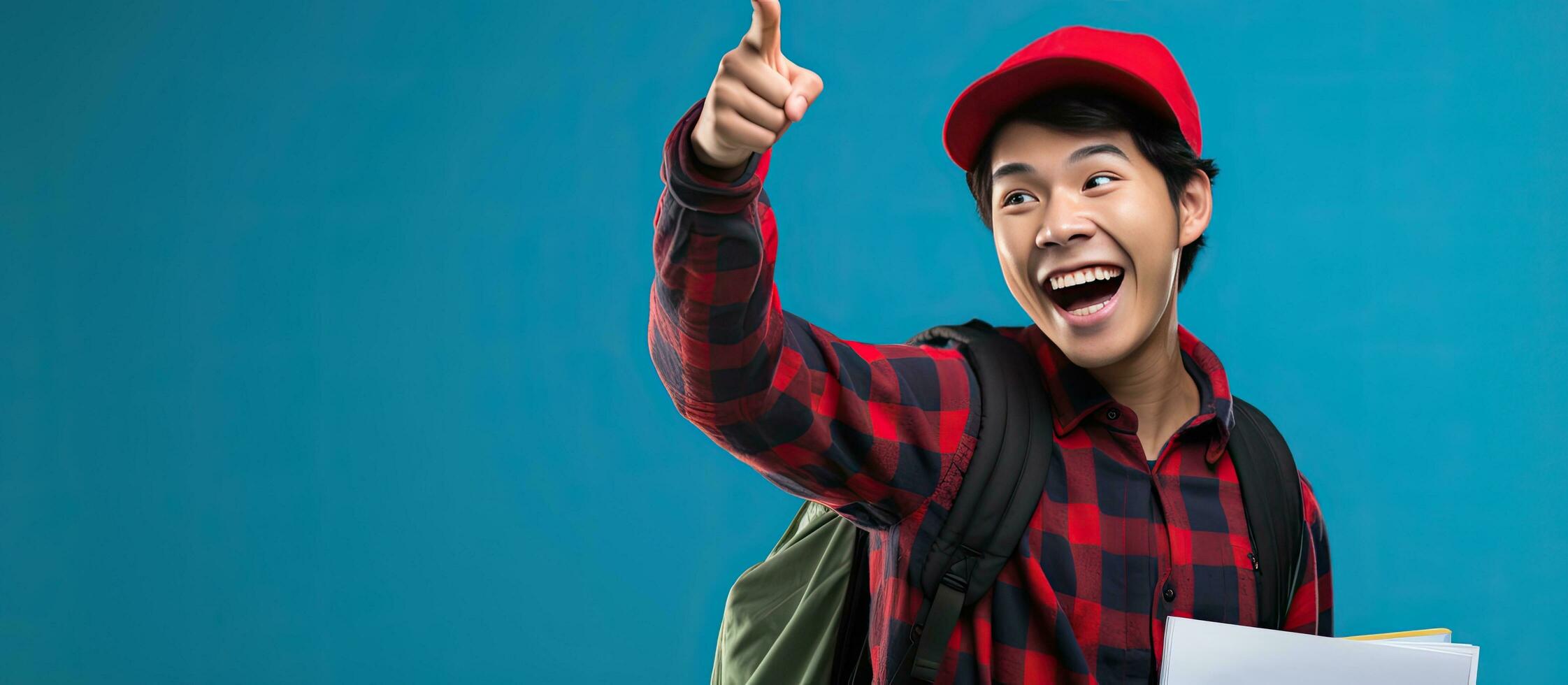 ásia aluna dentro gorro chapéu e flanela camisa com óculos e mochila segurando livros e gesticulando ao lado em branco área contra azul pano de fundo foto