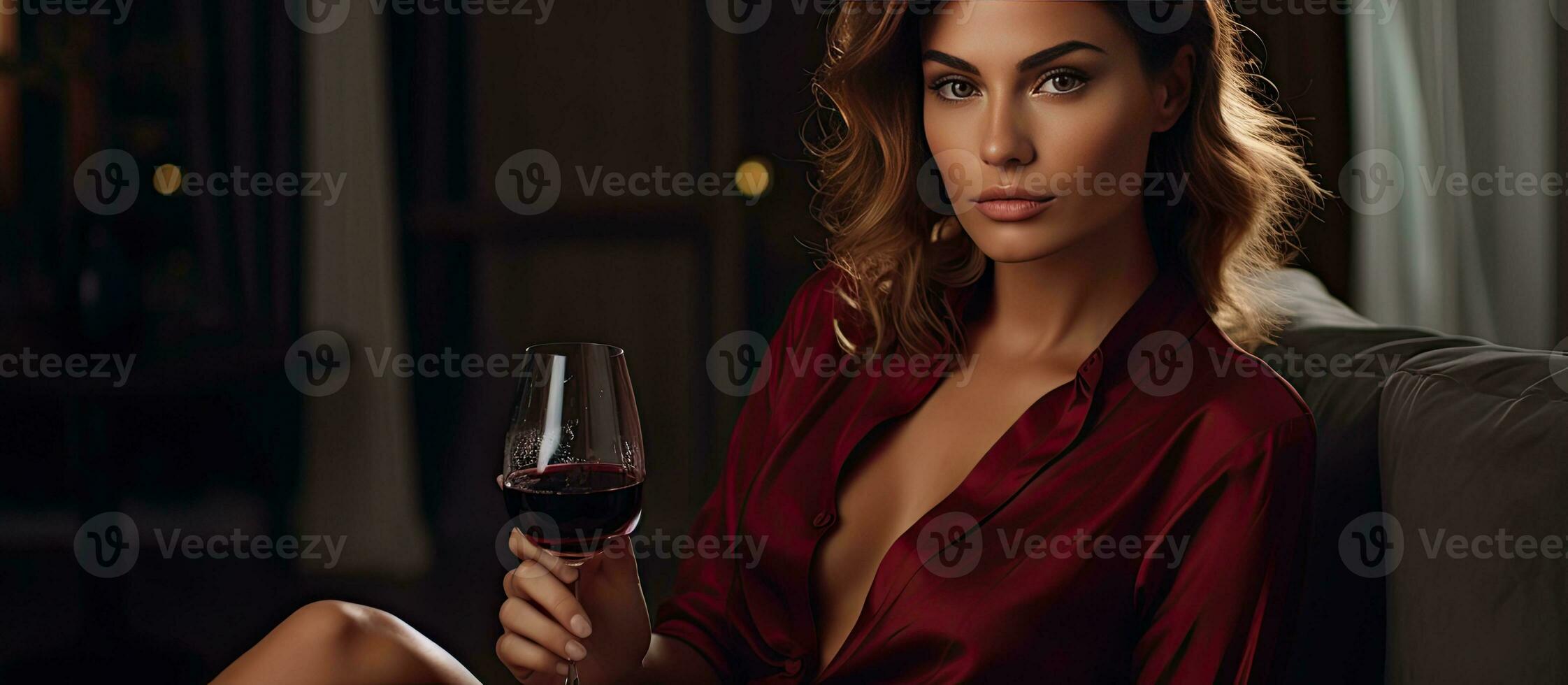 lindo jovem mulher bebendo vermelho vinho dentro de casa com Largo composição e espaço para texto foto