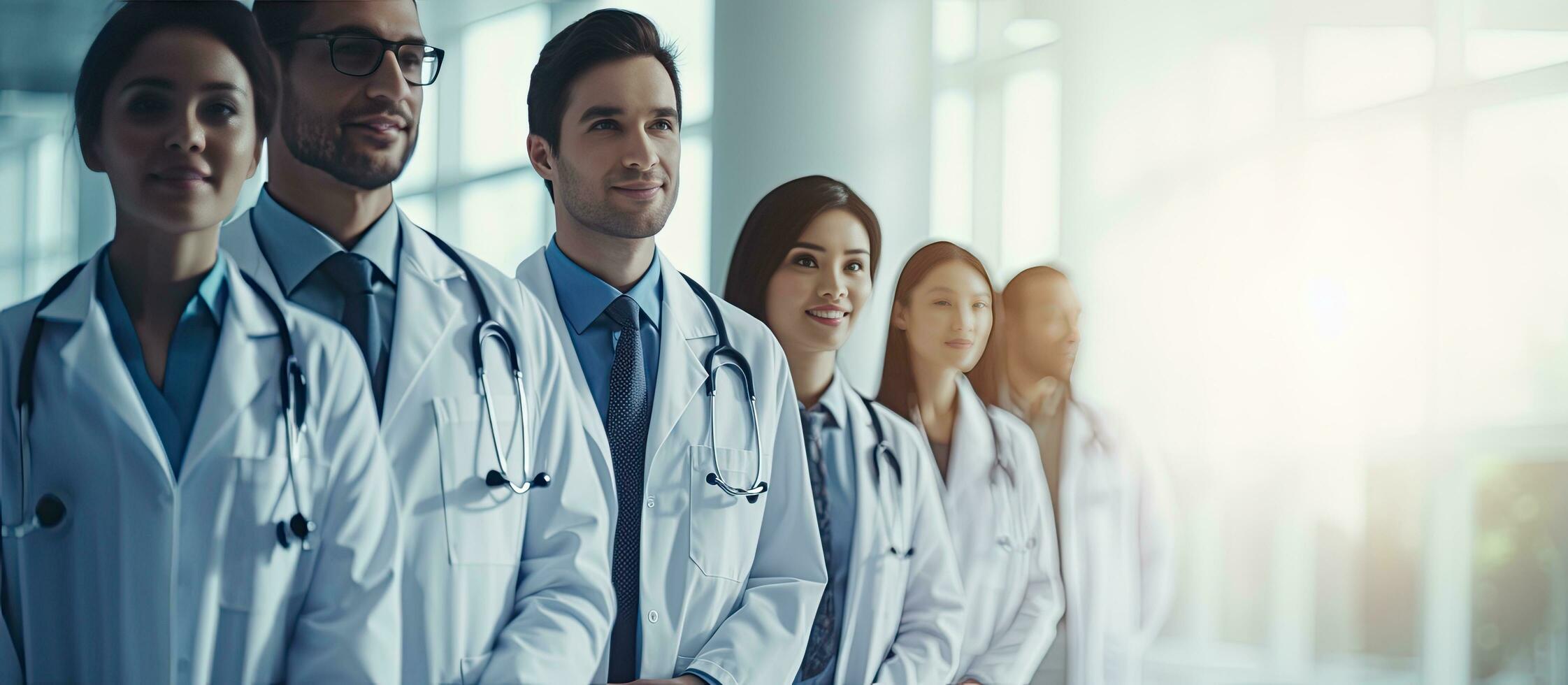 ásia médicos dentro branco casacos grupo retrato dentro uma hospital corredor esquerda cópia de espaço foto