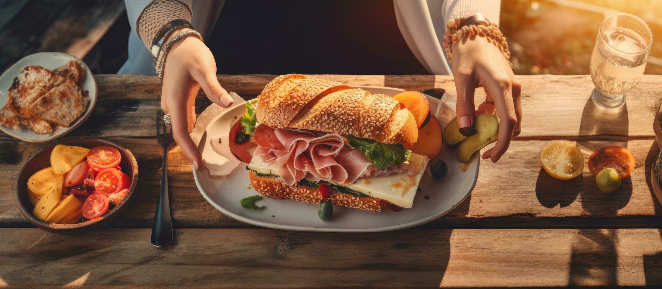 não identificável caucasiano mãos corte sanduíche lado de fora restaurante às pôr do sol jantar conceito foto