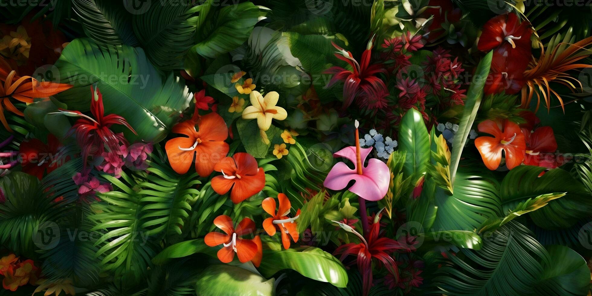 colorida flores dentro a jardim, topo Visão tropical flores plantas fundo, ai gerar foto