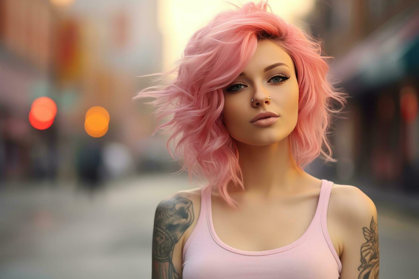 menina com Rosa cabelo com tatuagens em a rua, foto