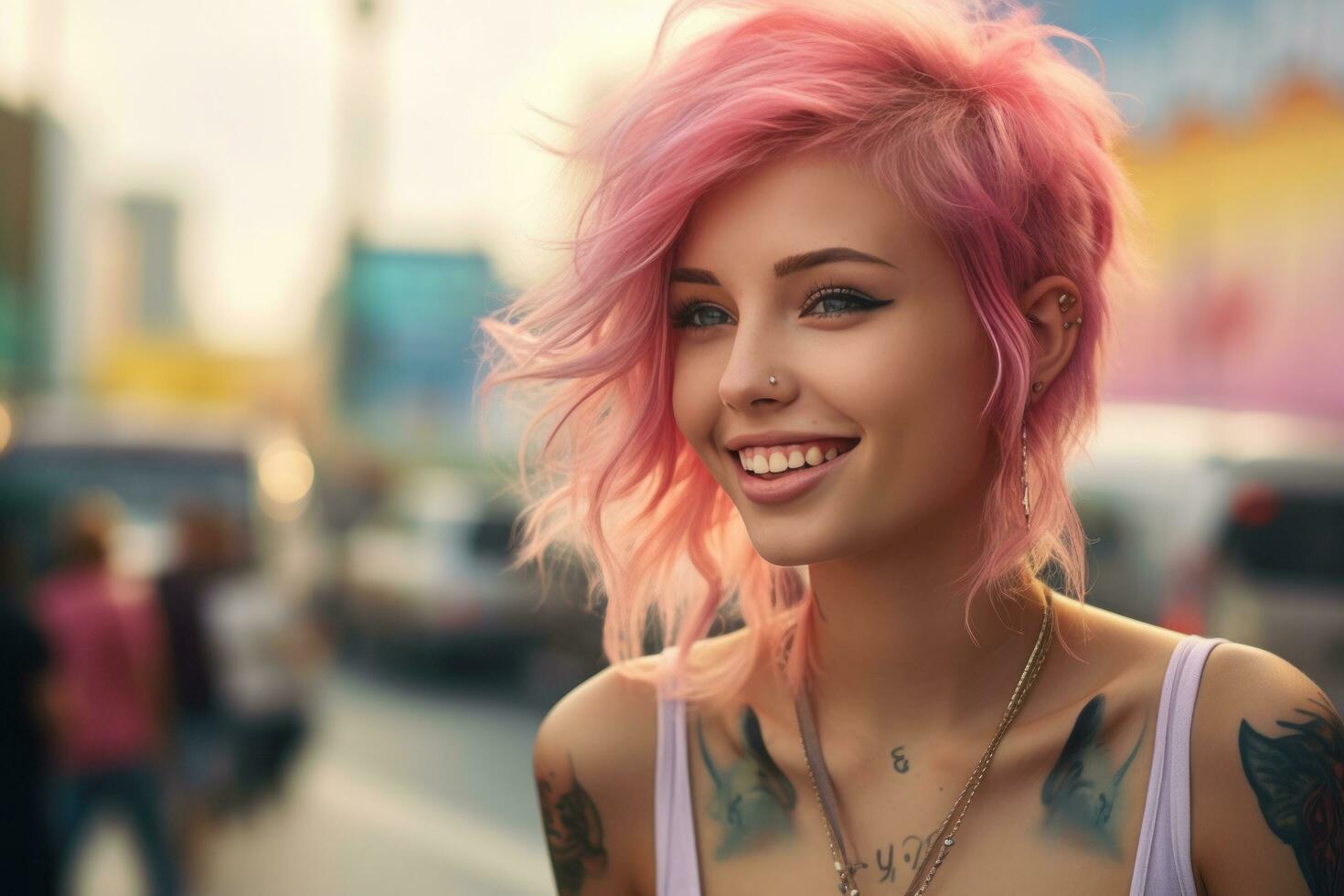 menina com Rosa cabelo com tatuagens em a rua, foto