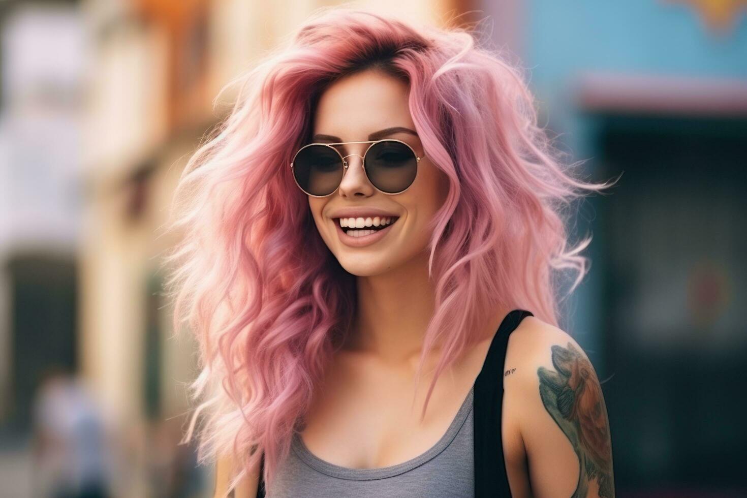 menina com Rosa cabelo com tatuagens em a rua, foto