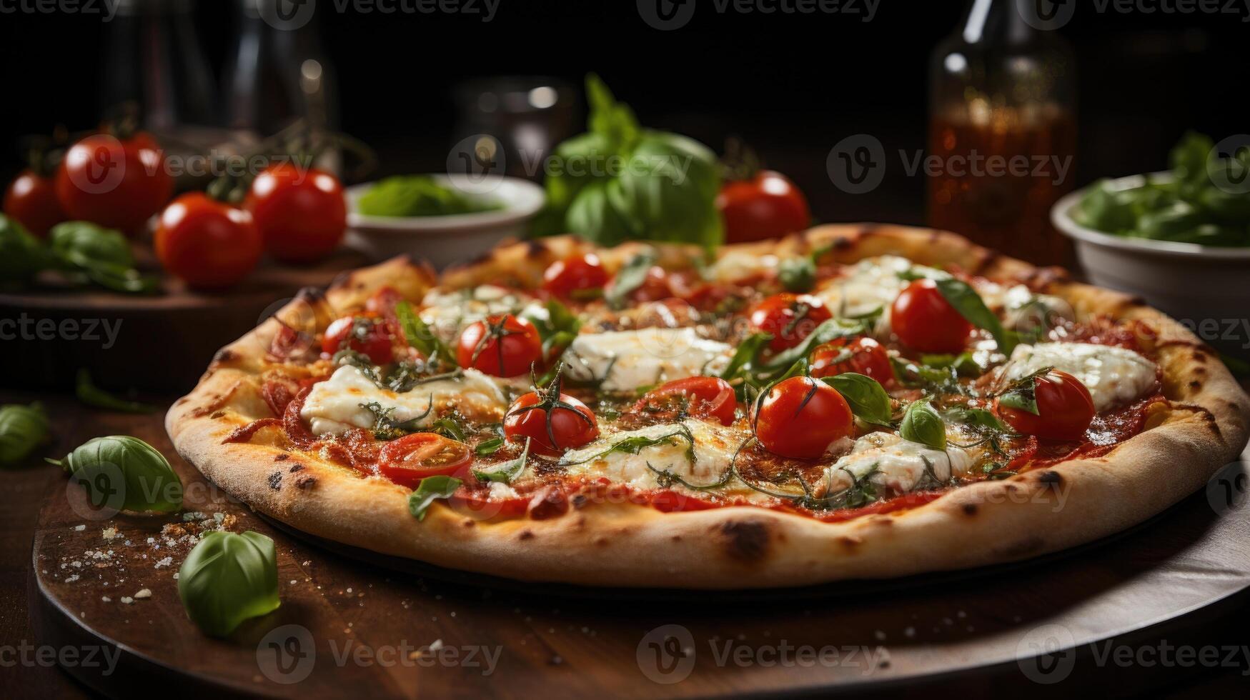 deliciosamente fresco margherita pizza com salgado mozzarella e manjericão. generativo ai. foto