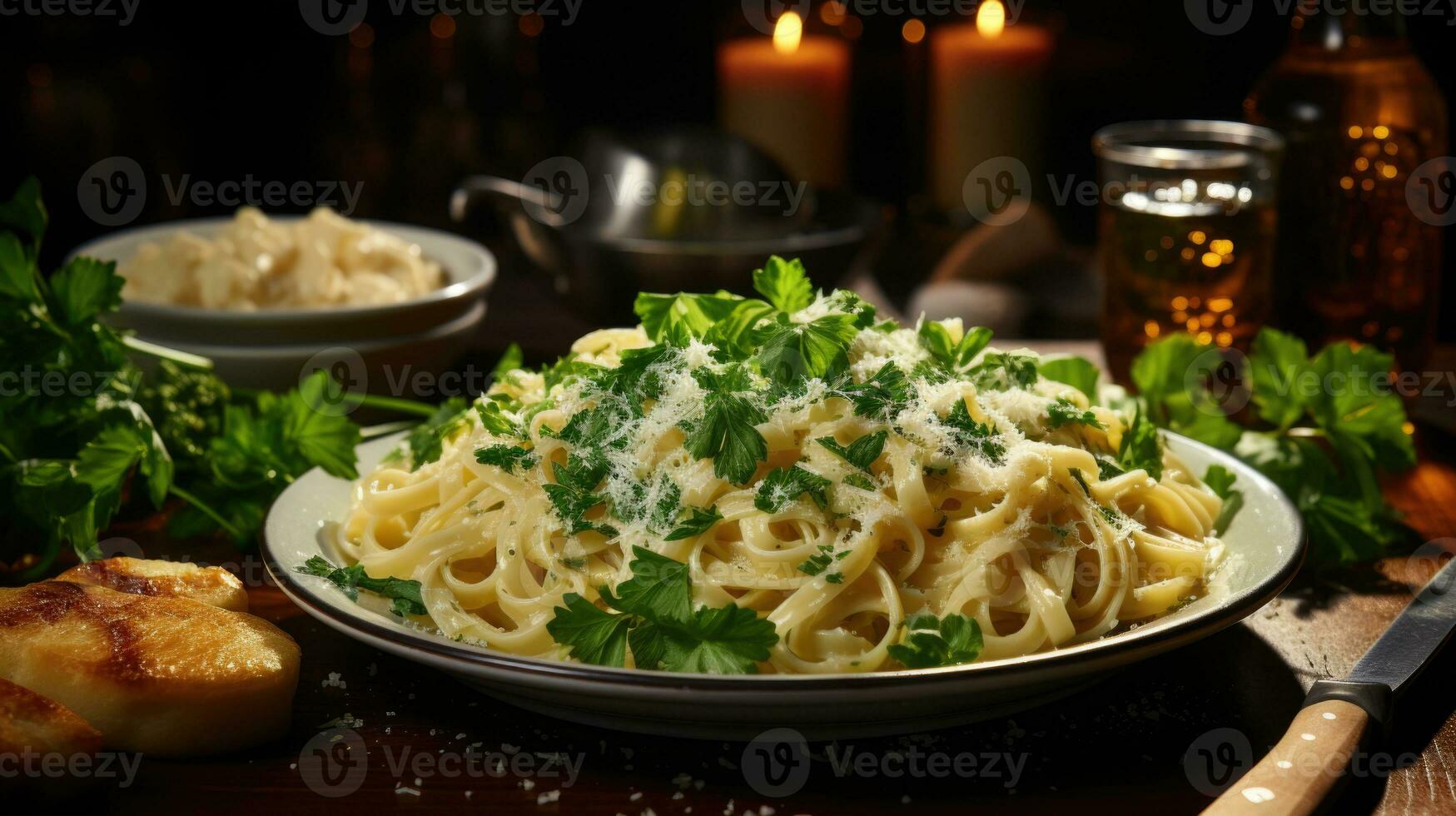 de dar água na boca prato do fettuccine Alfredo enfeitado com salsinha e parmesão queijo. generativo ai. foto