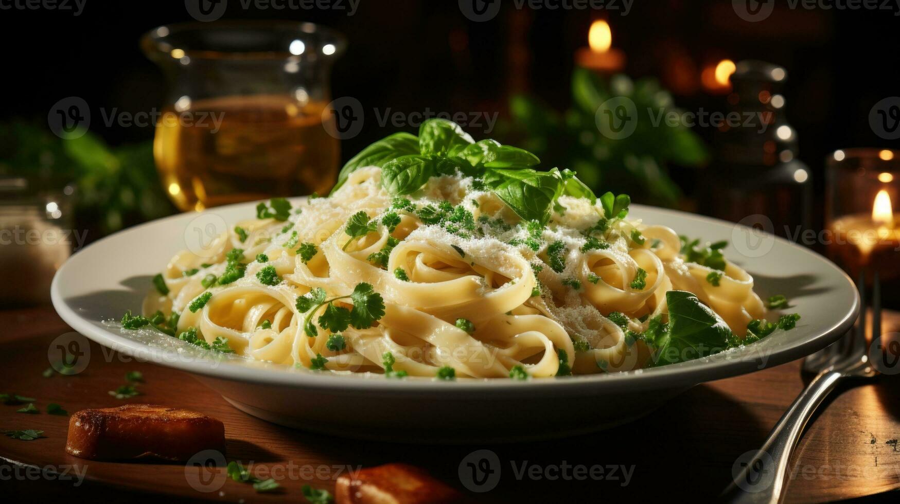 delicioso fettuccine Alfredo adornado com fresco salsinha e parmesão. generativo ai. foto