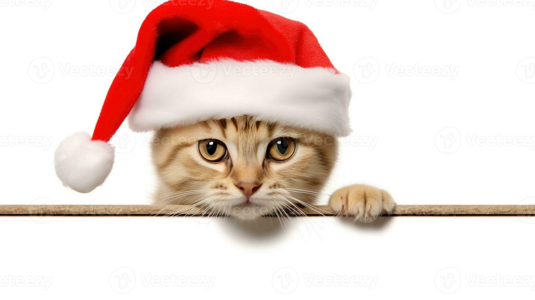 engraçado gatinho dentro vermelho Natal chapéu espreitar a partir de atrás em branco bandeira. ai generativo foto