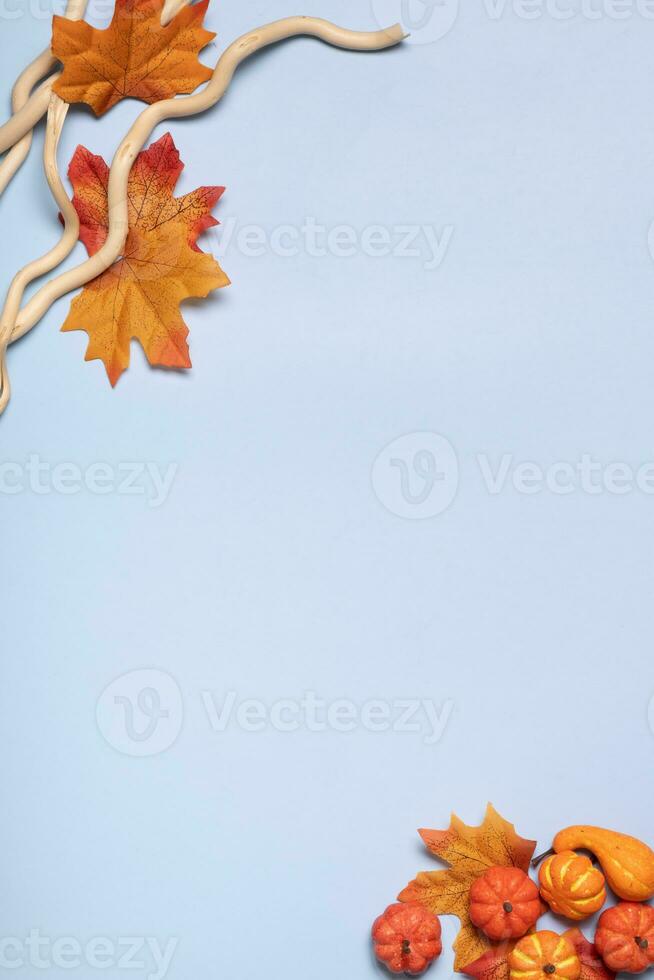 azul fundo com outono folhas e de madeira galhos. cópia de espaço foto