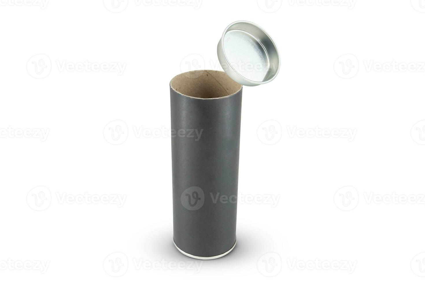 Preto kraft papel tubo lata pode isolado em branco fundo foto