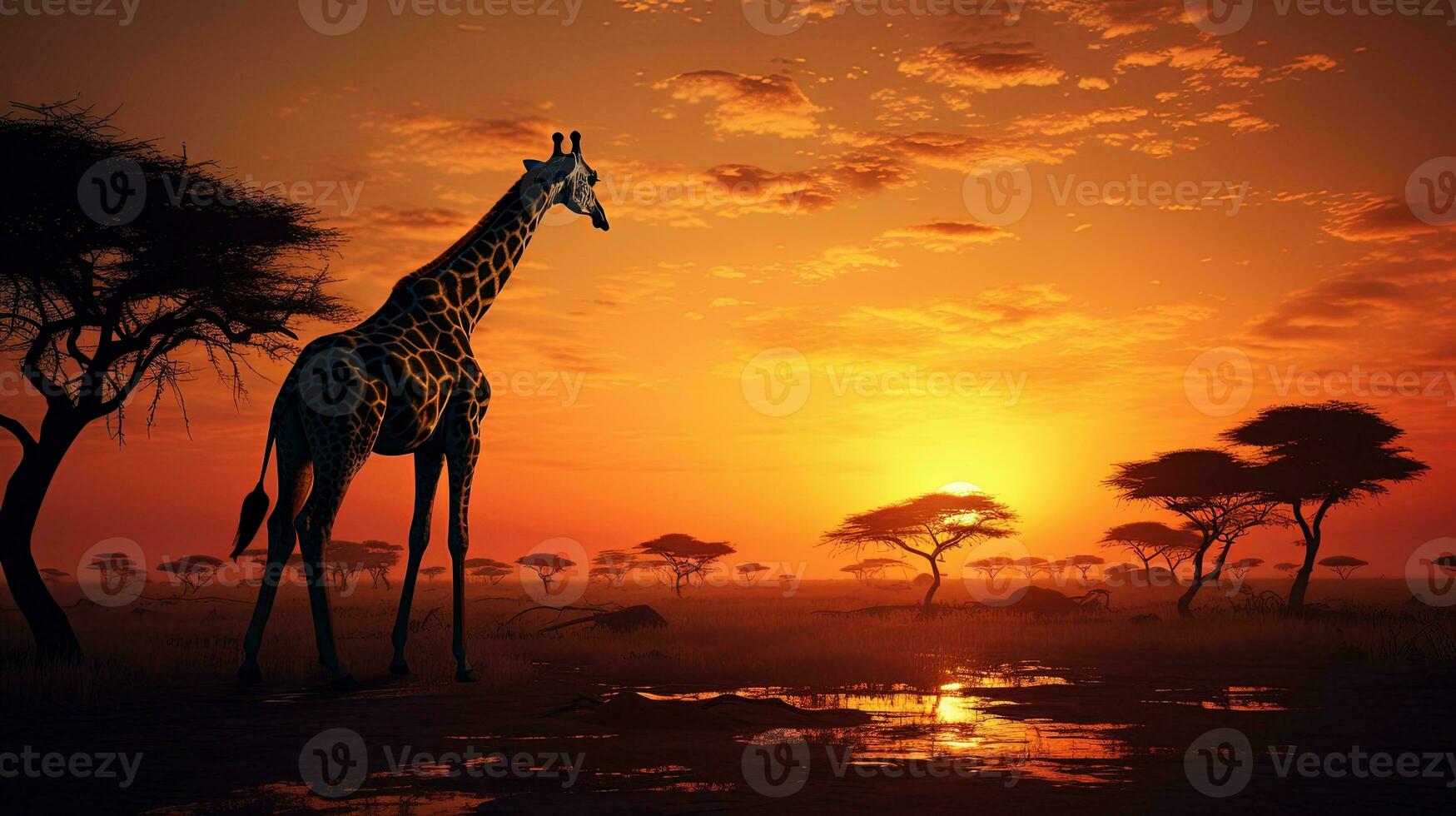 pacífico africano pôr do sol com girafas. silhueta conceito foto