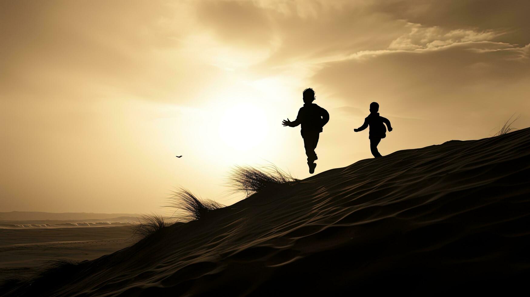dois Rapazes correndo em areia dunas perto a oceano às crepúsculo com uma sépia tonificado Preto e branco efeito. silhueta conceito foto