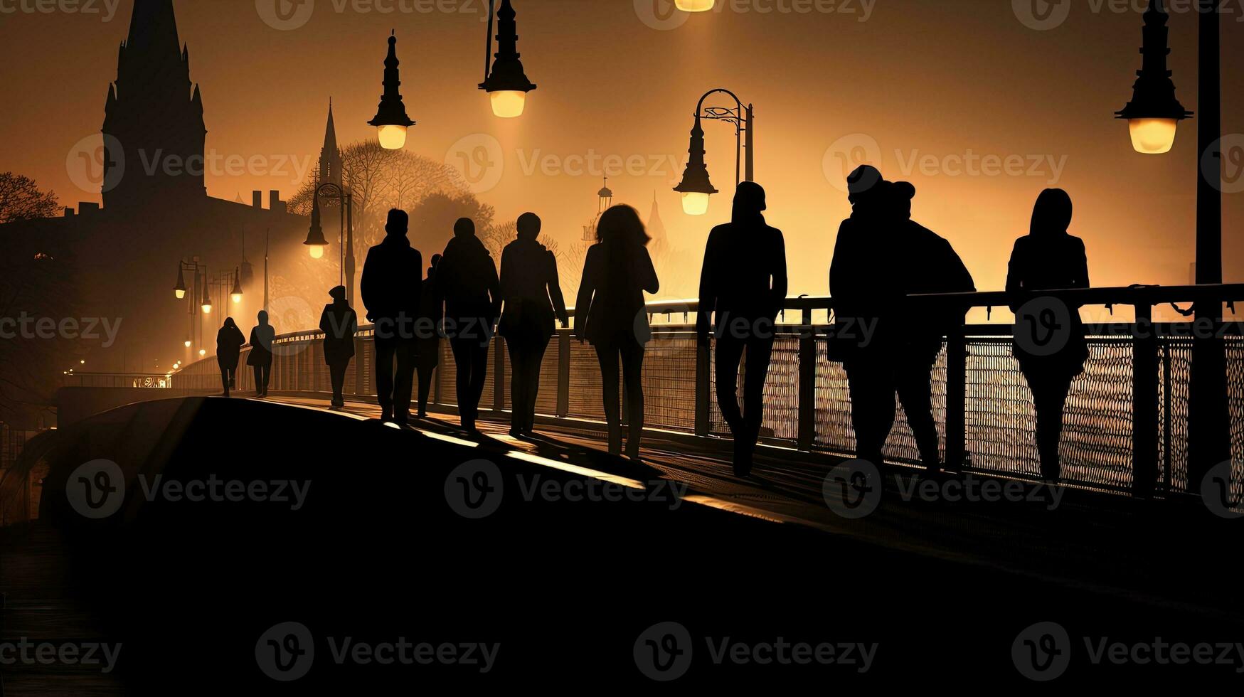 pedestres em Freiburg ponte fundida sombras. silhueta conceito foto