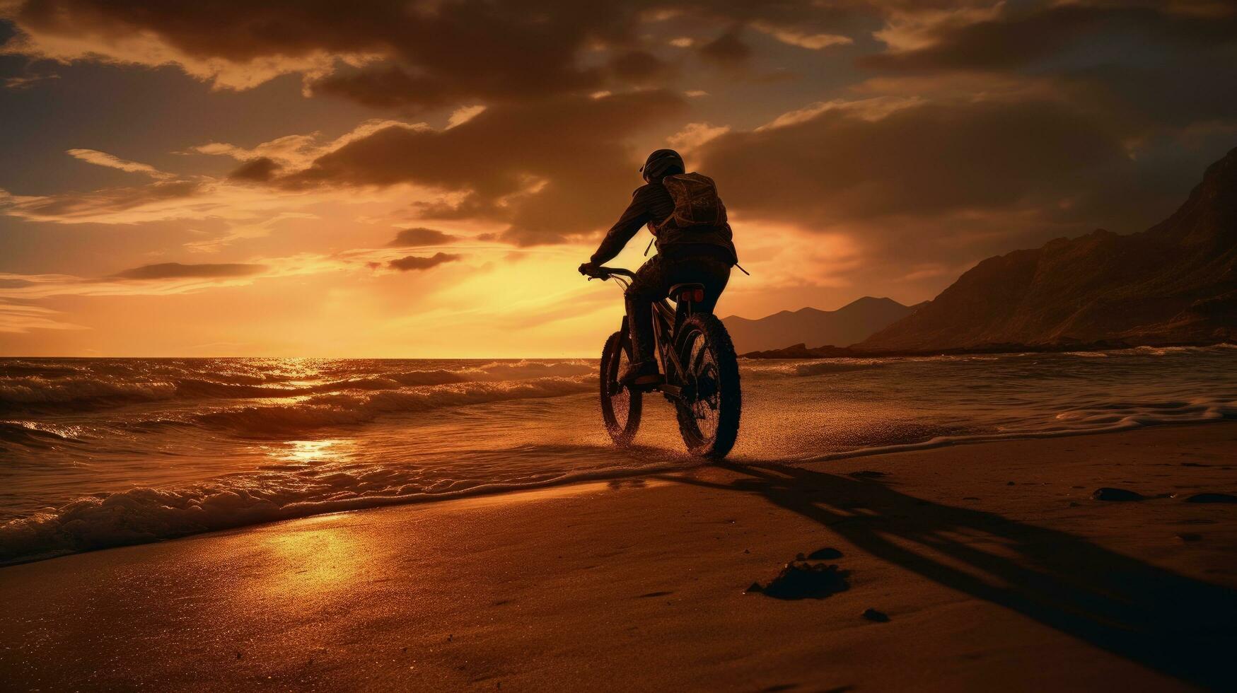 silhueta do motociclista em de praia durante pôr do sol foto