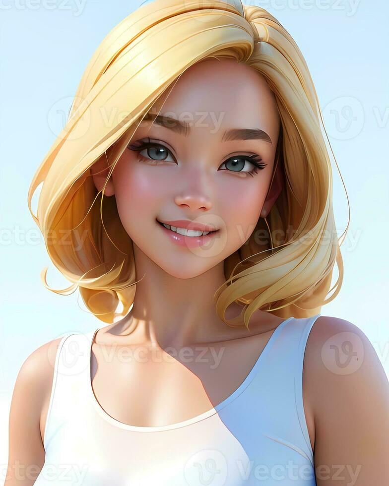 lindo fofa retrato animê sorridente menina com grandes cabelo foto