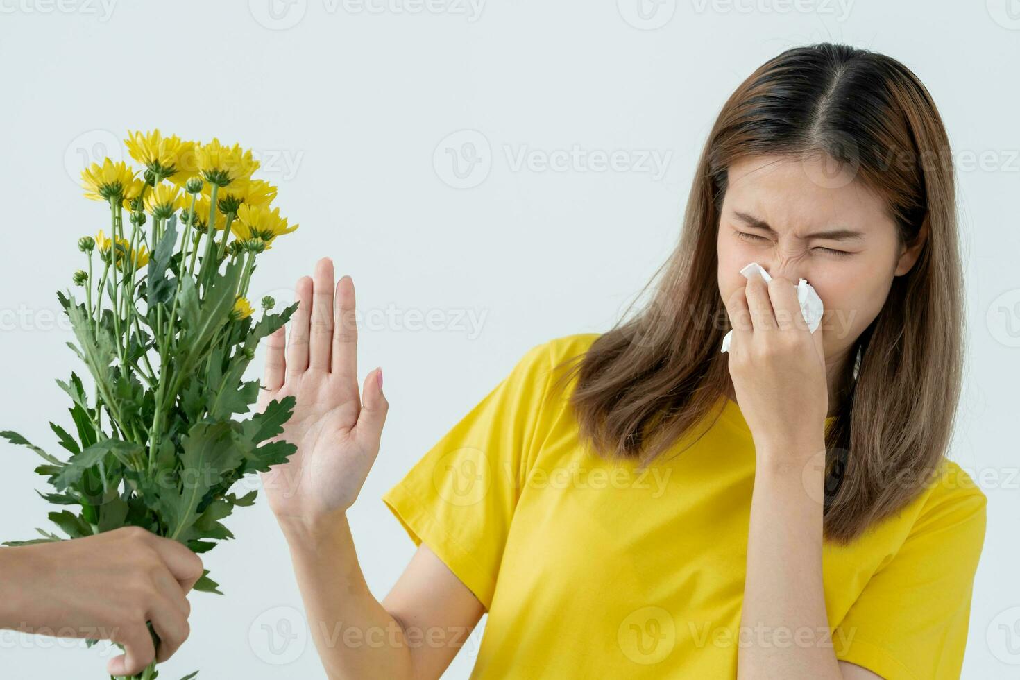 pólen alergias, ásia jovem mulher espirros dentro uma lenço ou sopro dentro uma limpar, alérgico para selvagem Primavera flores ou flores durante Primavera. alérgico reação, respiratório sistema problemas foto