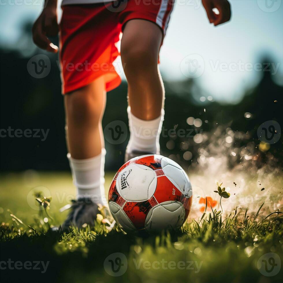 criança jogando futebol em a campo. pequeno Garoto chutando uma futebol bola. foto