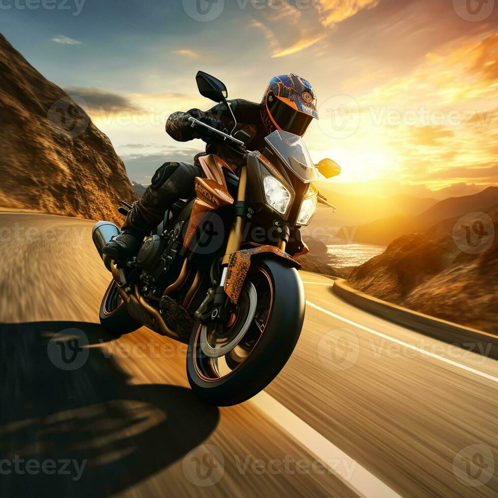 motocicleta cavaleiro equitação em a rodovia estrada. extremo esporte conceito. bicicleta raça em rastrear foto