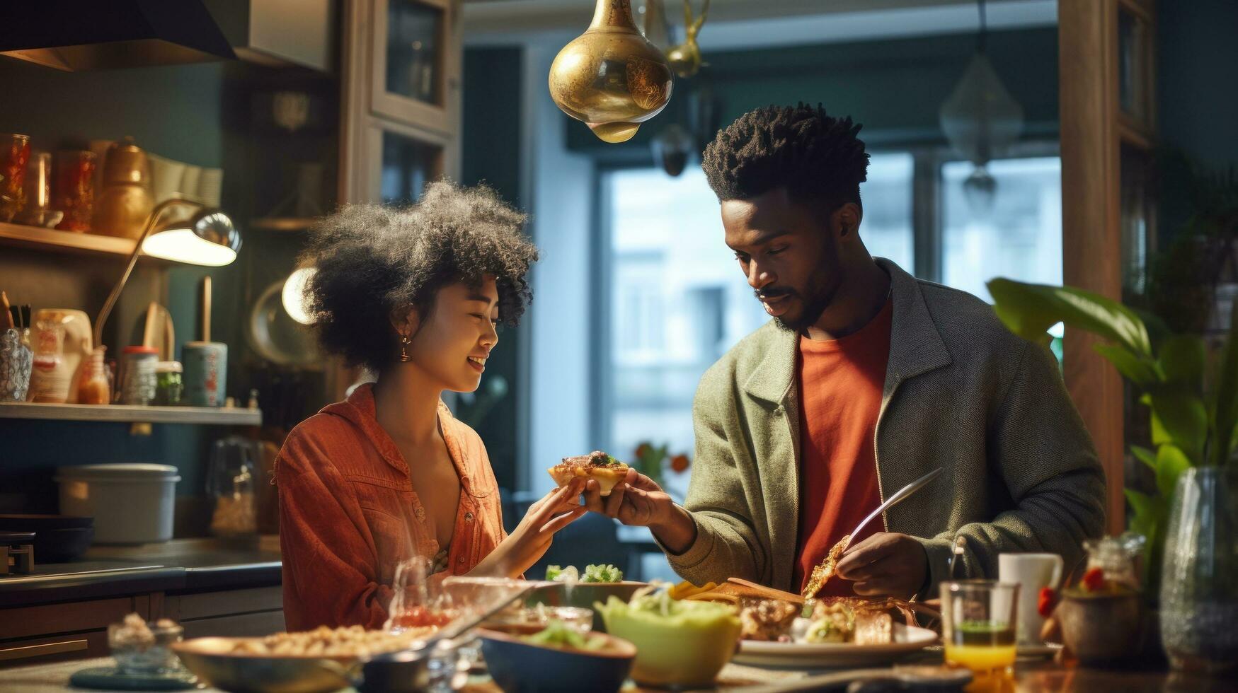 Preto homem e chinês mulher cozinhando café da manhã junto. foto