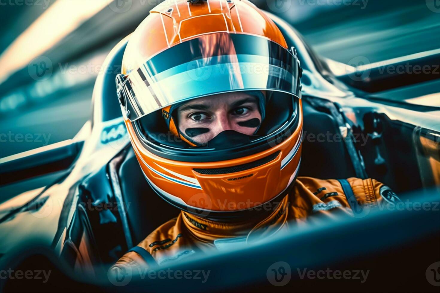 fechar-se retrato do uma jovem homem dirigindo uma velozes carro em a raça acompanhar. foto