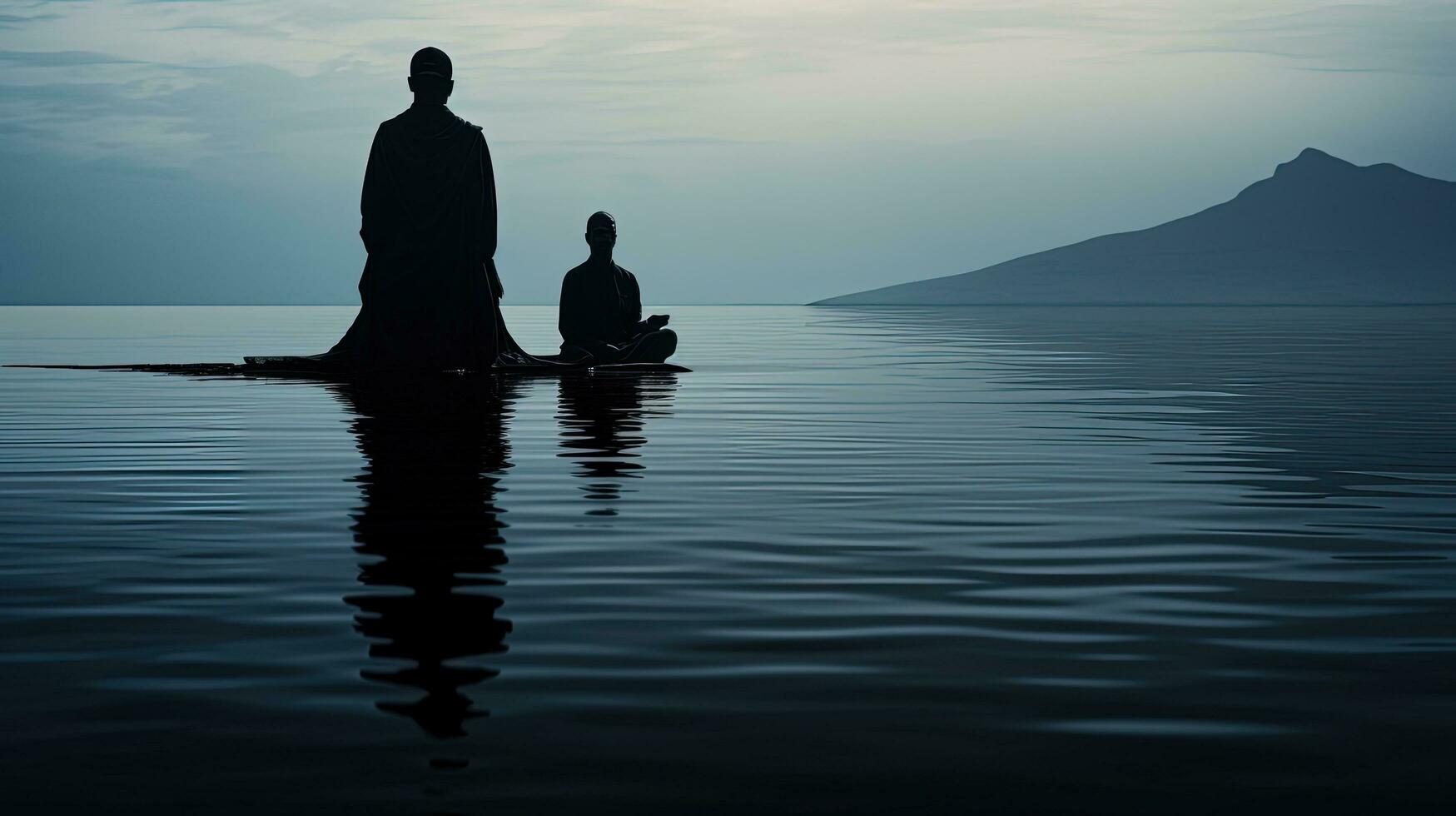 meditador e mestre marcha ré imagem em superfície. silhueta conceito foto