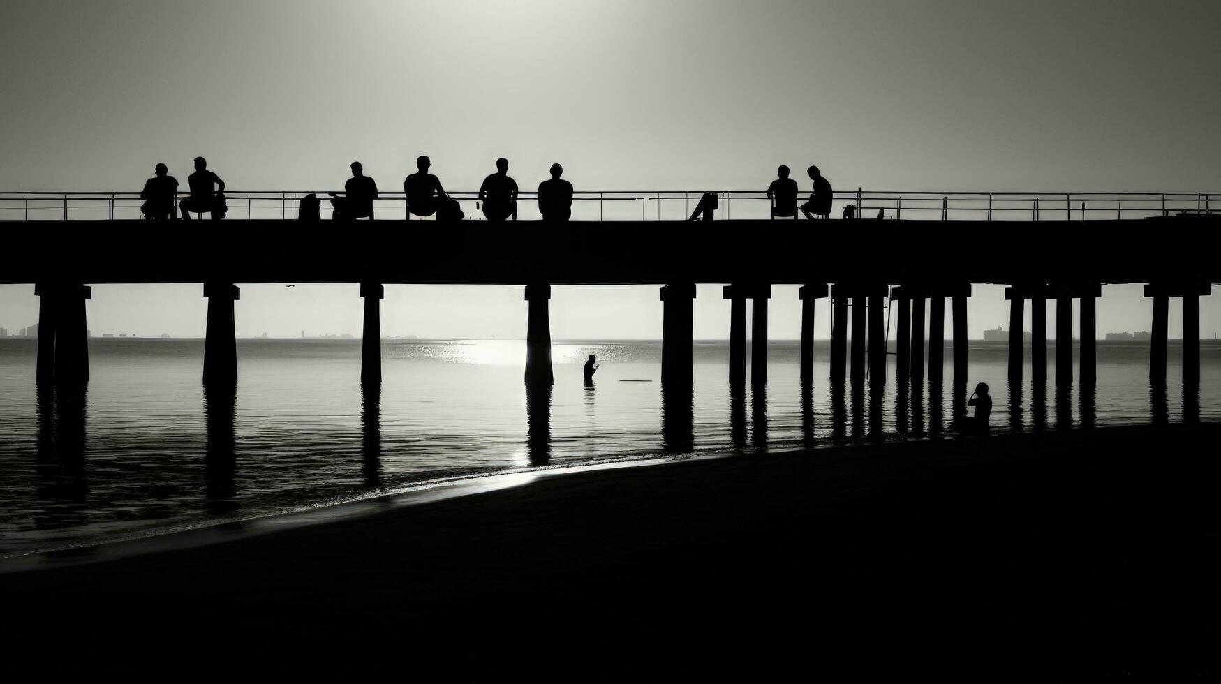 Preto e branco fotografia do pessoas em repouso em uma mar cais. silhueta conceito foto