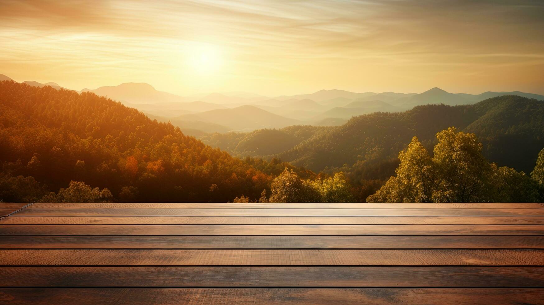 pôr do sol com raios coloração colinas de madeira mesa ao ar livre. silhueta conceito foto