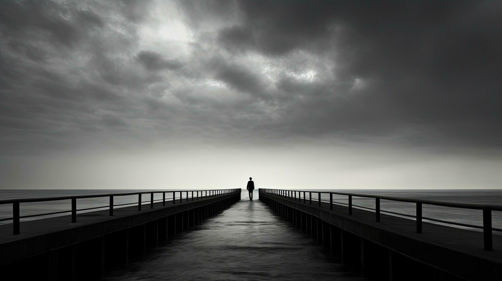 homem em cais observando monocromático seascape. silhueta conceito foto