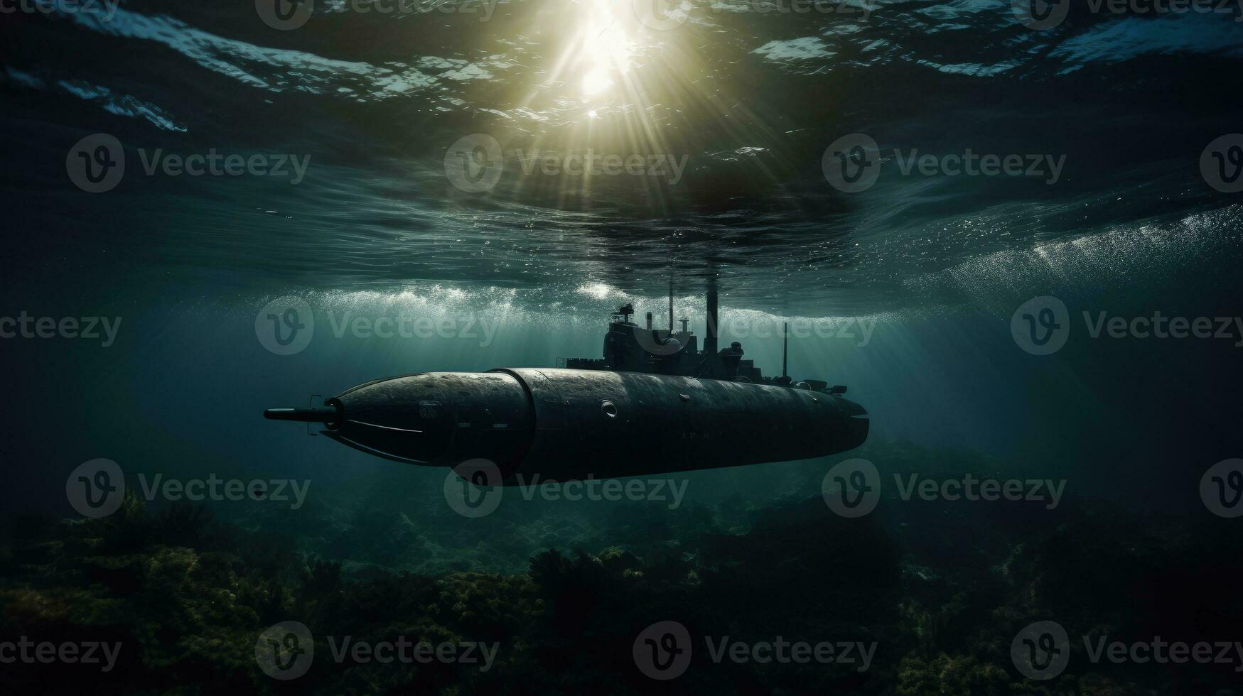 embaixo da agua naval embarcação em uma missão. silhueta conceito foto