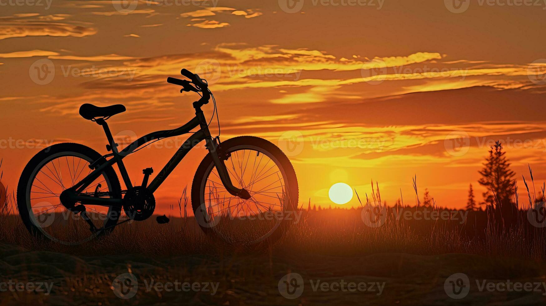 pôr do sol silhueta do dois bicicletas dentro uma verão panorama foto