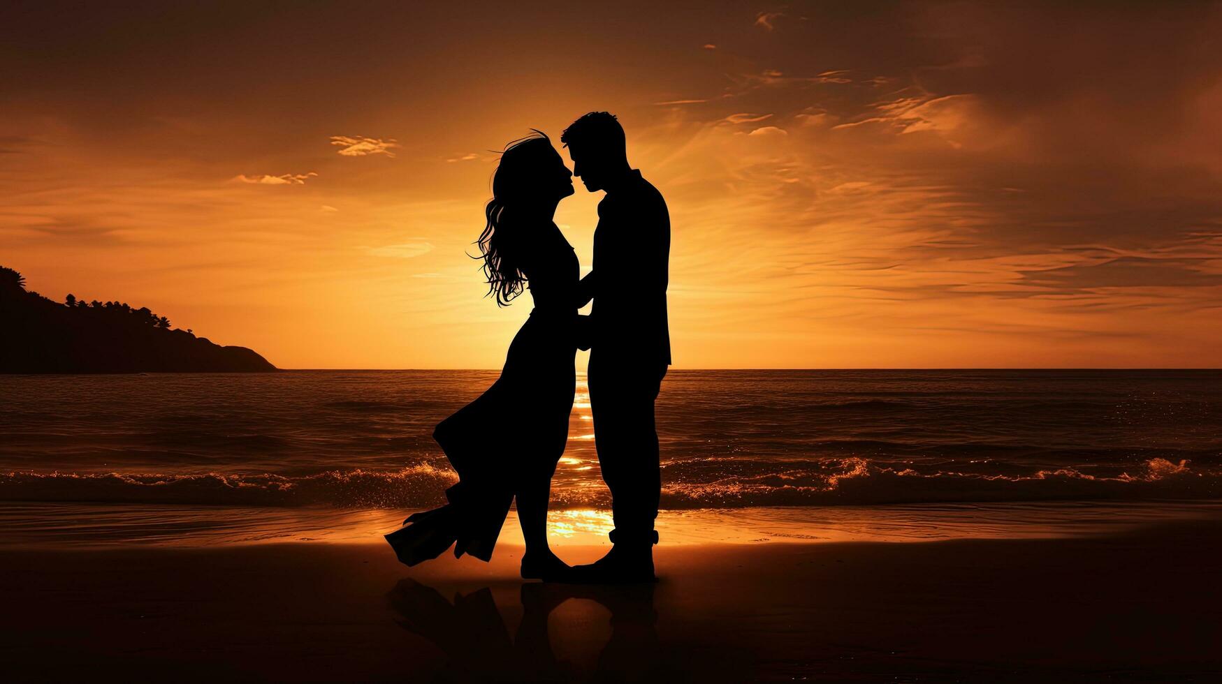 jovem casal apaixonadamente se beijando em uma deserta litoral. silhueta conceito foto