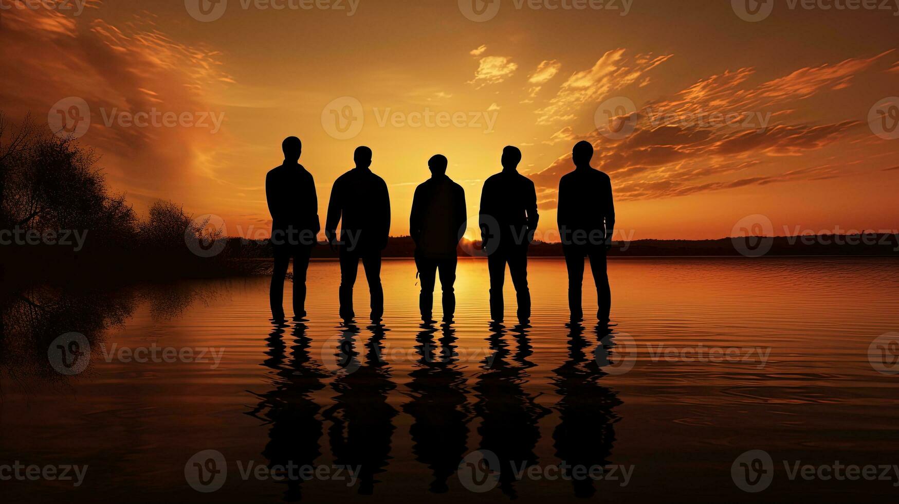 homens s silhuetas ao lado a lago durante pôr do sol foto