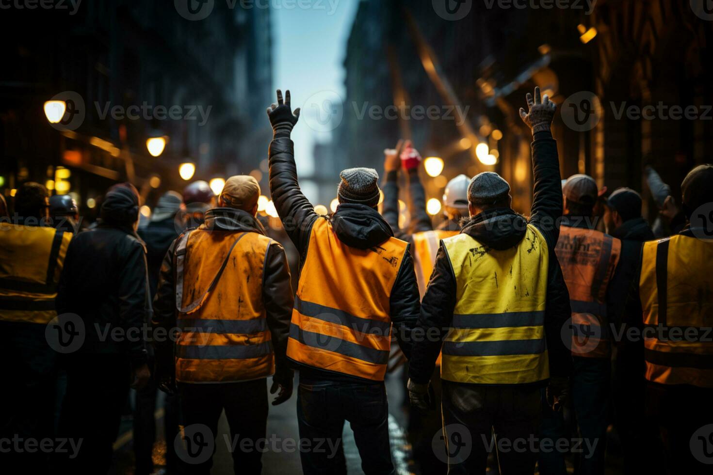 construções trabalhadores caminhando em a rua a comemorar foto