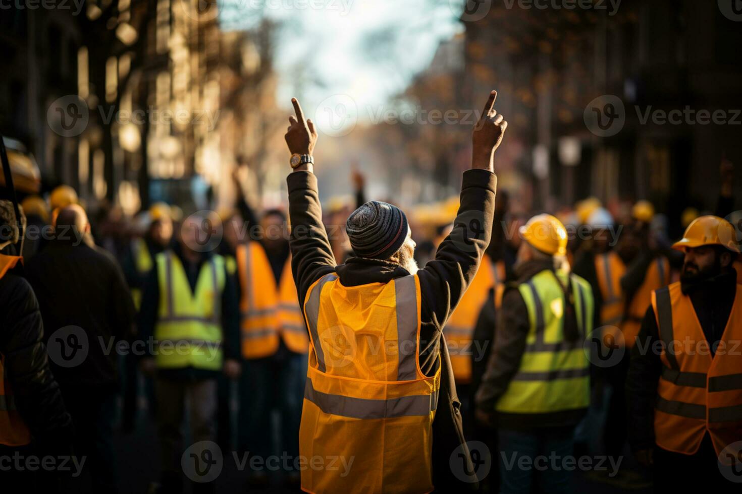 construções trabalhadores caminhando em a rua a comemorar foto