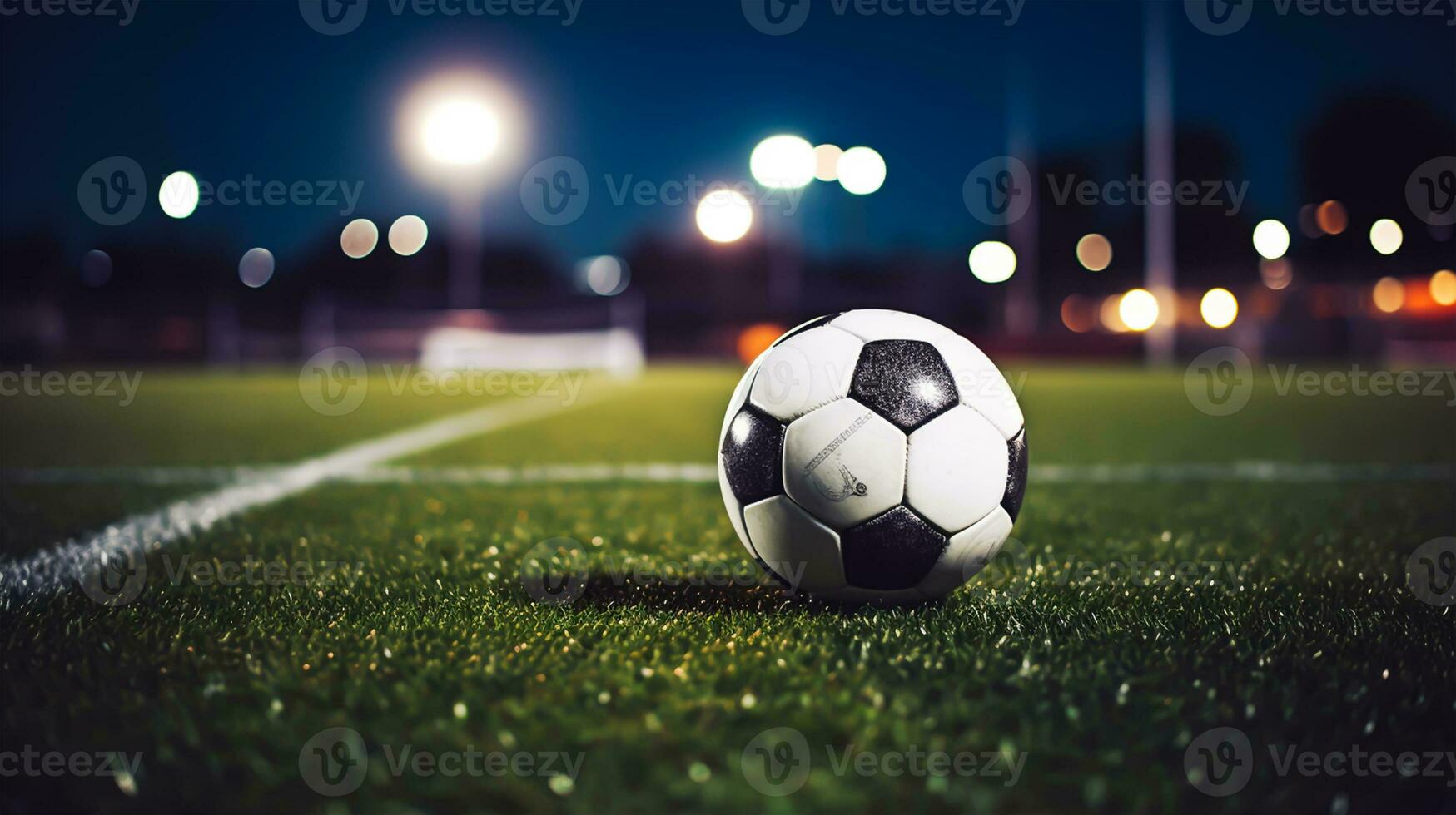 futebol bola em verde Relva do futebol estádio às noite com luzes foto
