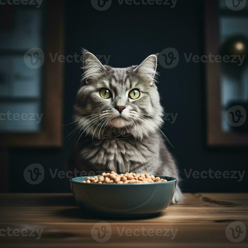 uma cinzento cabeludo gato é sentado, lá é uma tigela do Comida dentro frente do ele. generativo ai foto