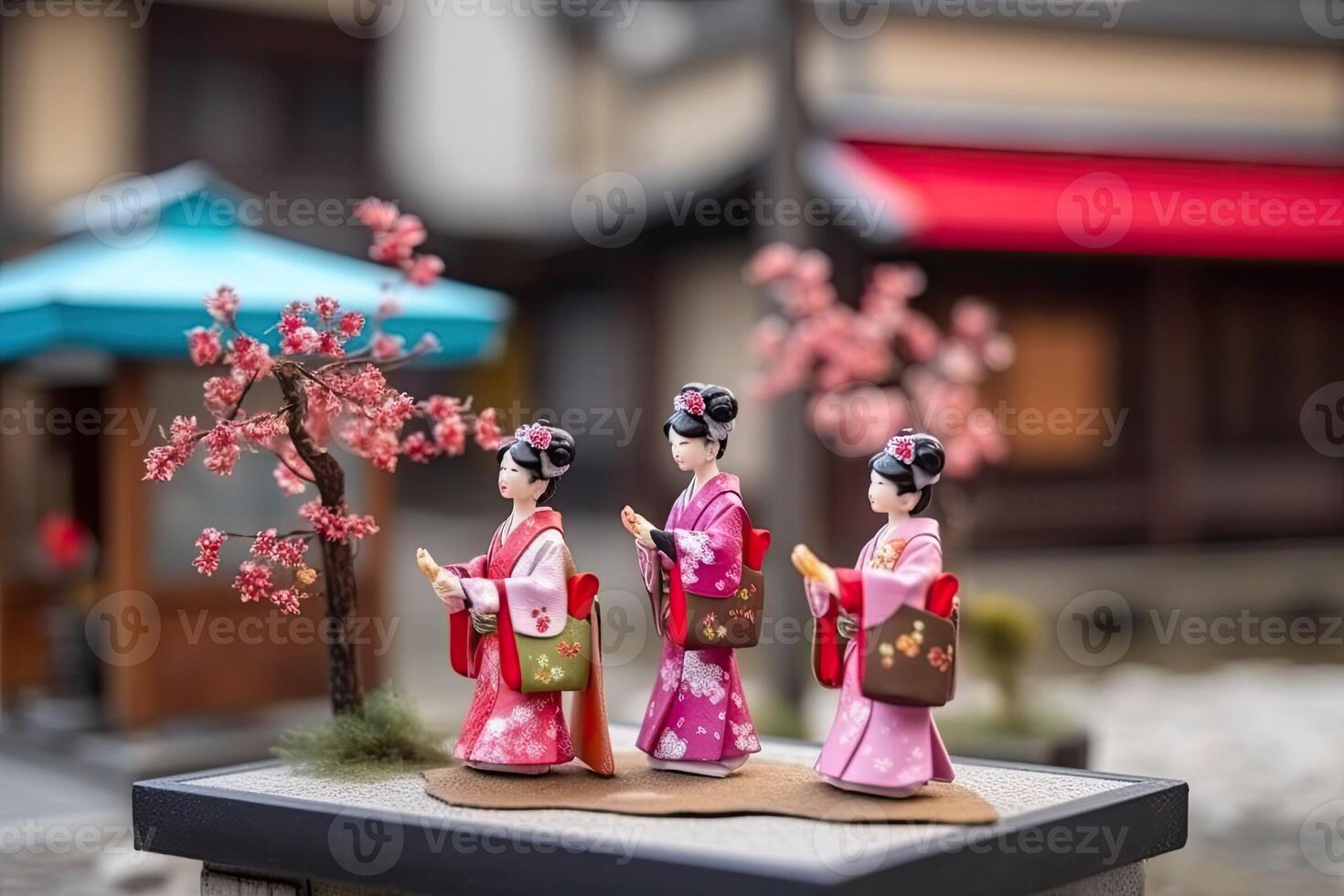 miniatura gueixa dentro quimono. japonês ásia diorama. pequeno mulher dentro tradicional traje criada com generativo ai tecnologia foto