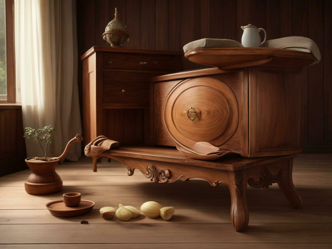vivo quarto mobília a partir de original madeira,ai generativo foto