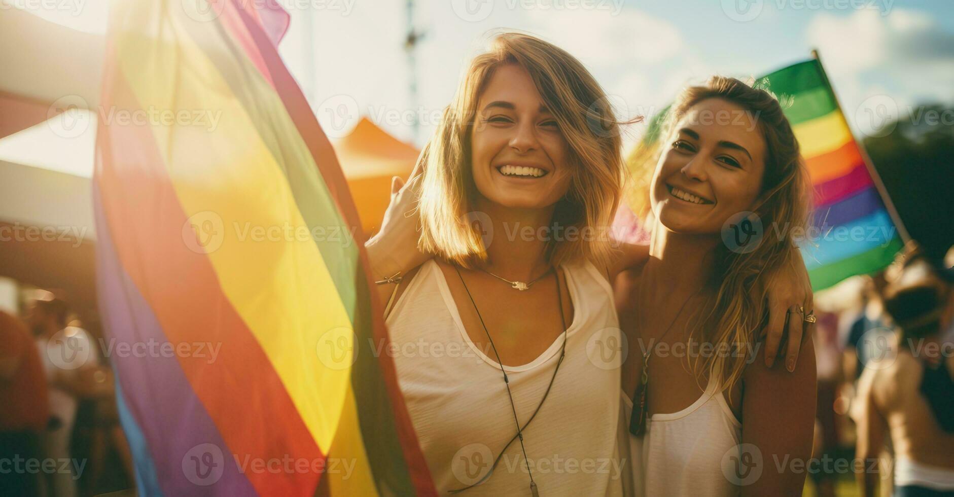 lésbica casal às orgulho parada, bandeiras vibrando. foto