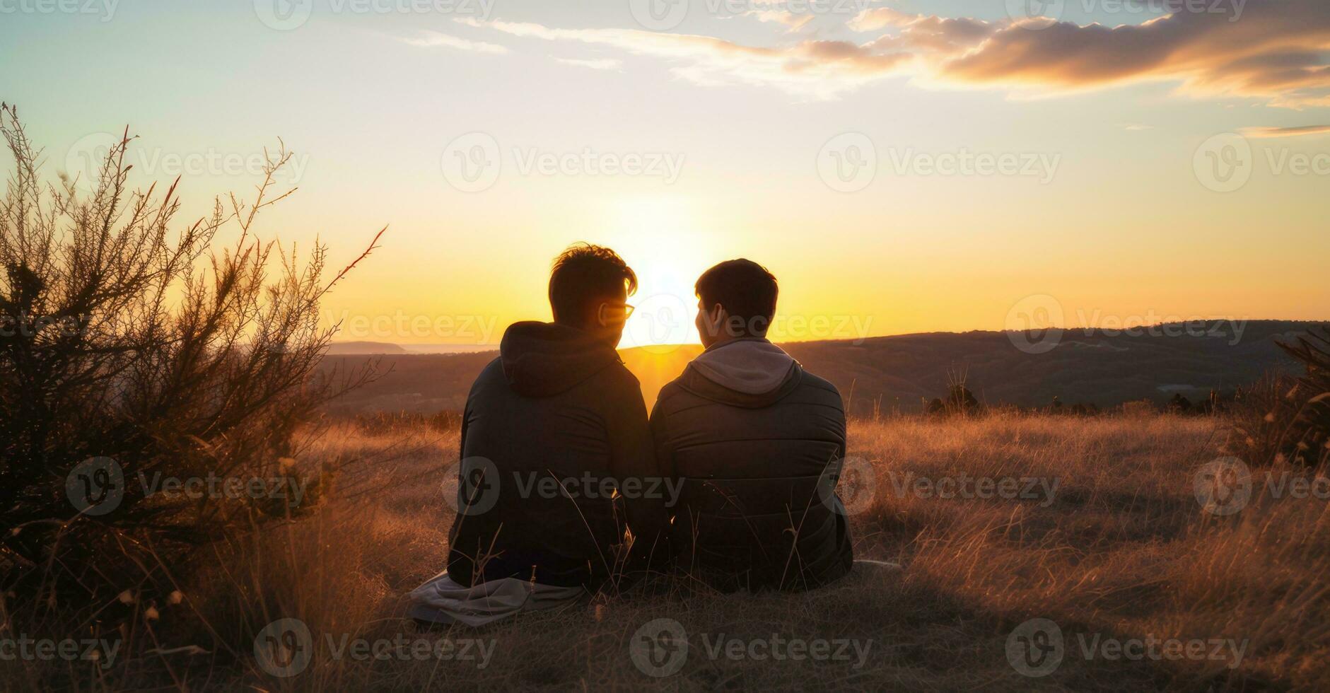 lgbtq casal assistindo pôr do sol, esperançoso olhar. foto