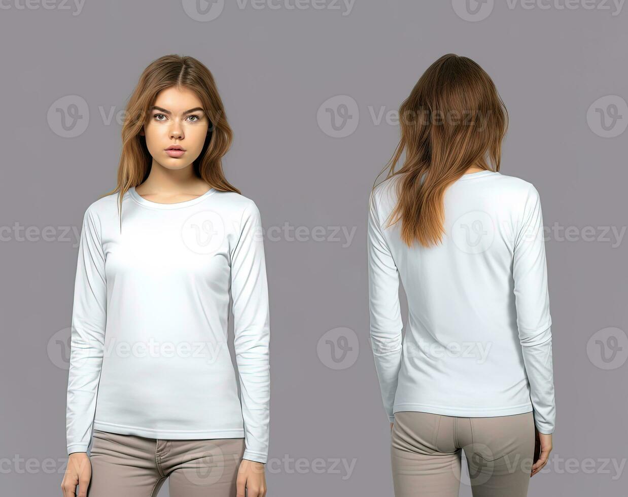 mulher vestindo uma branco camiseta com grandes mangas. frente e costas visualizar. ai gerado foto