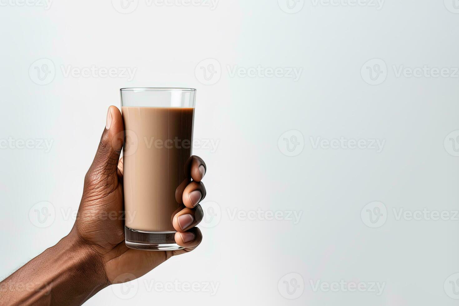 mão segurando uma vidro do delicioso chocolate leite isolado em branco fundo com cópia de espaço. ai gerado foto