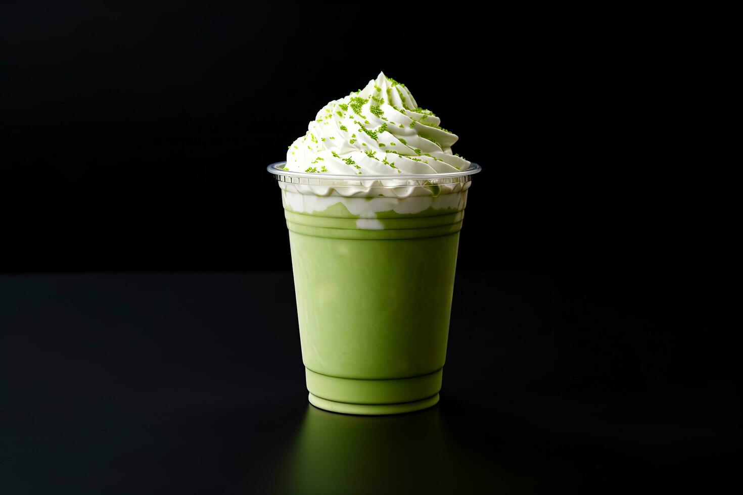 verde chá frappucino com açoitado creme dentro uma Leve embora copo isolado em Sombrio fundo. ai gerado foto