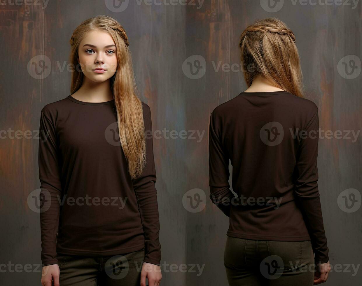 mulher vestindo uma Castanho camiseta com grandes mangas. frente e costas visualizar. ai gerado foto