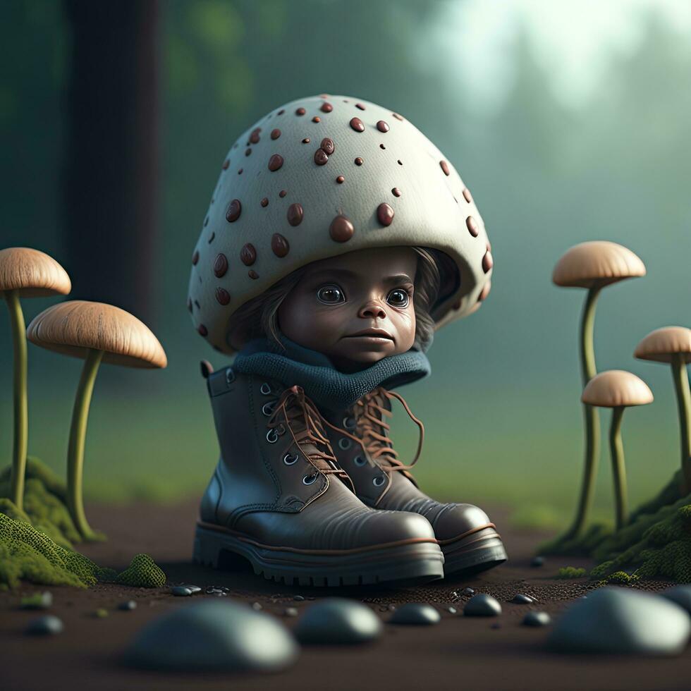 pequeno menina dentro uma cogumelo chapéu e botas. 3d Renderização. foto