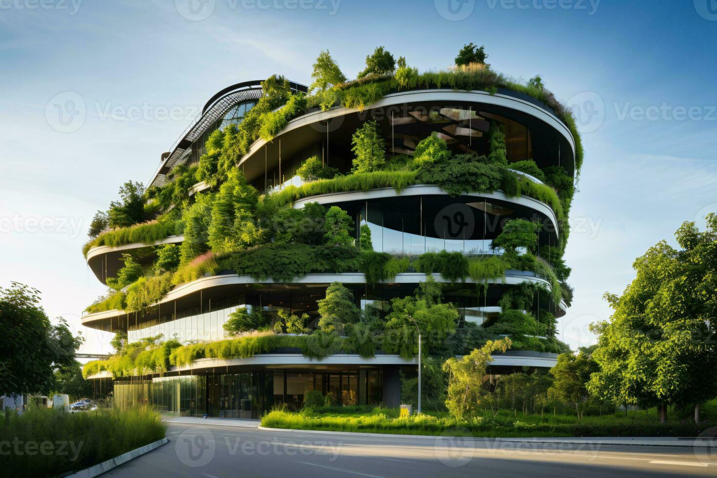 ecológico construção dentro a moderno cidade. sustentável vidro escritório construção com árvore para reduzindo carbono dióxido. escritório construção com verde ambiente. corporativo construção reduzir co2. generativo ai. foto